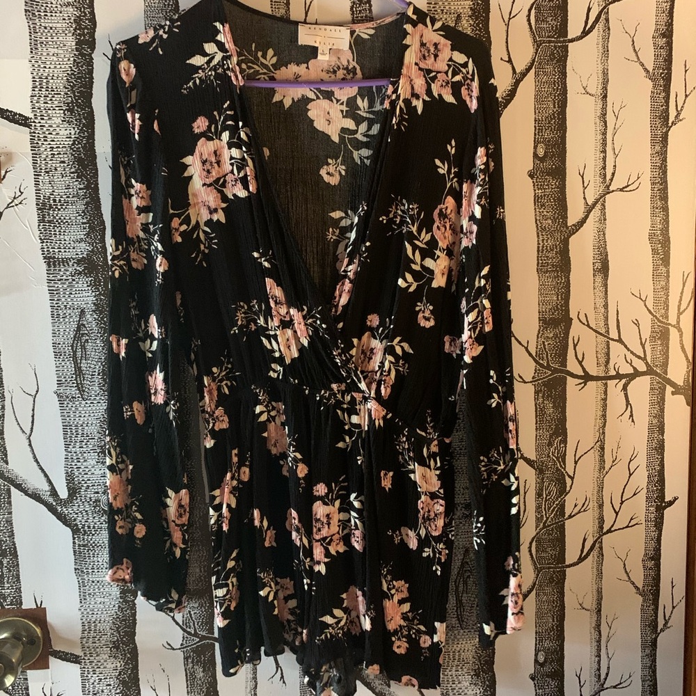 Black romper with pink floral print
